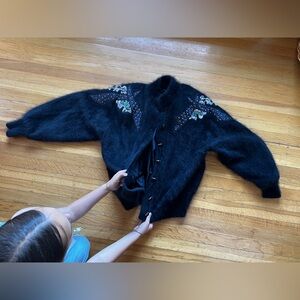 Vintage batwing embellished beaded angora cardigan sweater black fuzzy mohair L
